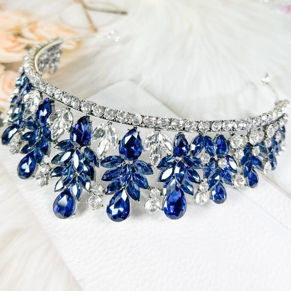 Blue Gemstone Hair Acessories, Silver Wedding Crown Headpiece, Anniversary Gift - Picture 2 of 6